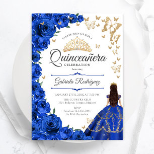 Invitation Royal Blue Gold Floral Quinceanera