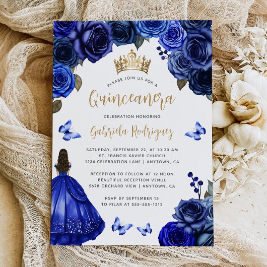 Invitation Royal Blue Gold Floral Quinceañera