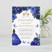 Invitation Royal Blue Gold Floral Quinceañera (Debout devant)