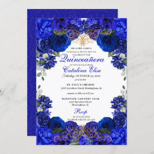 Invitation Royal Blue & Gold Floral Quinceanera Anniversaire