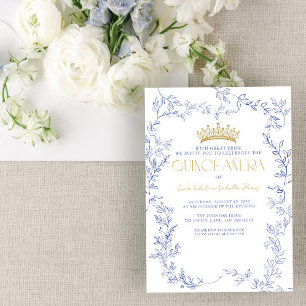 Invitation Royal Blue Gold Floral Quinceañera Quince Años