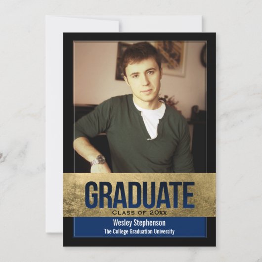 Invitation Royal Blue Gold Foil Block Effect Photo Graduation (Devant)