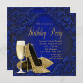 Invitation Royal Blue Gold High Heure Champagne Anniversaire (Devant / Derrière)