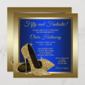 Invitation Royal Blue Gold High Talons femmes fête d'annivers (Devant / Derrière)
