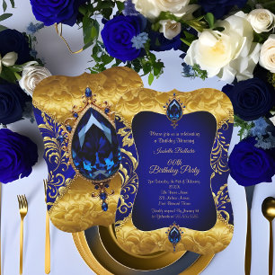Invitation Royal Blue Gold Jewel Damask Anniversaire