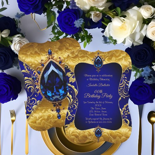 Invitation Royal Blue Gold Jewel Damask Anniversaire