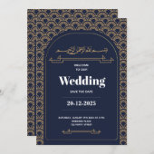 Invitation Royal Blue Gold Lace QR Code Mariage musulman (Devant / Derrière)