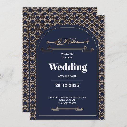 Invitation Royal Blue Gold Lace QR Code Mariage musulman (Devant / Derrière)