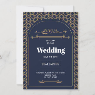 Invitation Royal Blue Gold Lace QR Code Mariage musulman