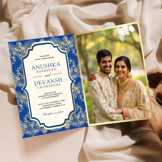 Invitation Royal Blue Gold Lace QR Code Photo Mariage indien