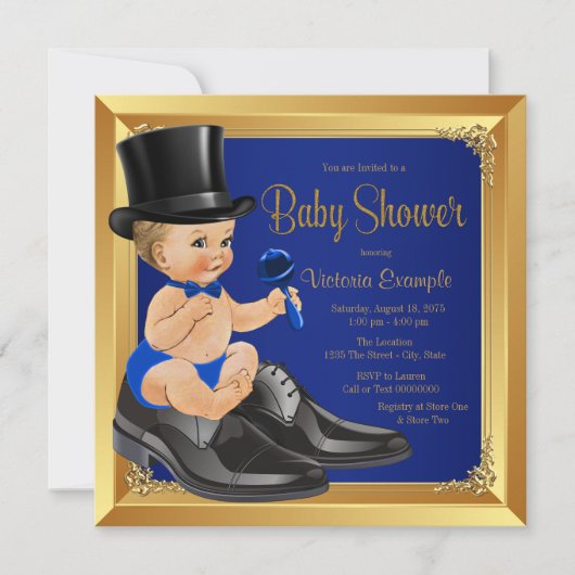 Invitation Royal Blue Gold Little Man Baby shower (Devant)