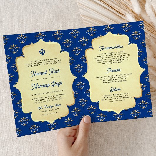 Invitation Royal Blue Gold Ornate Anand Karaj Sikh Mariage