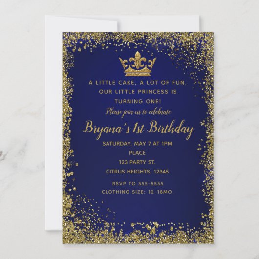 Invitation Royal Blue & Gold Parties scintillant Couronne 1er (Devant)