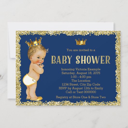 Invitation Royal Blue Gold Parties scintillant Prince Baby sh (Devant)