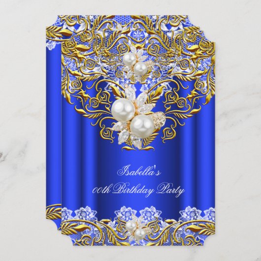 Invitation Royal Blue Gold Pearl Élégante fête d'anniversaire (Devant / Derrière)
