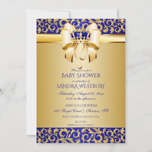 Invitation Royal Blue & Gold Prince Baby shower Crown (Dos)