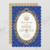 Invitation Royal Blue Gold Prince Bébé Garçon 1er fête d'anni (Devant / Derrière)