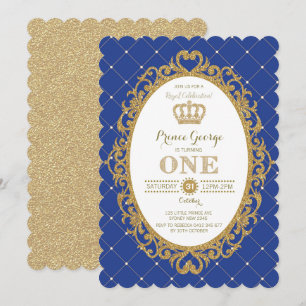 Invitation Royal Blue Gold Prince Bébé Garçon 1er fête d'anni