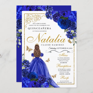 Invitation Royal Blue Gold Princess & Butterflies Quinceañera