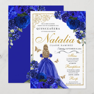 Invitation Royal Blue Gold Princess & Butterflies Quinceañera