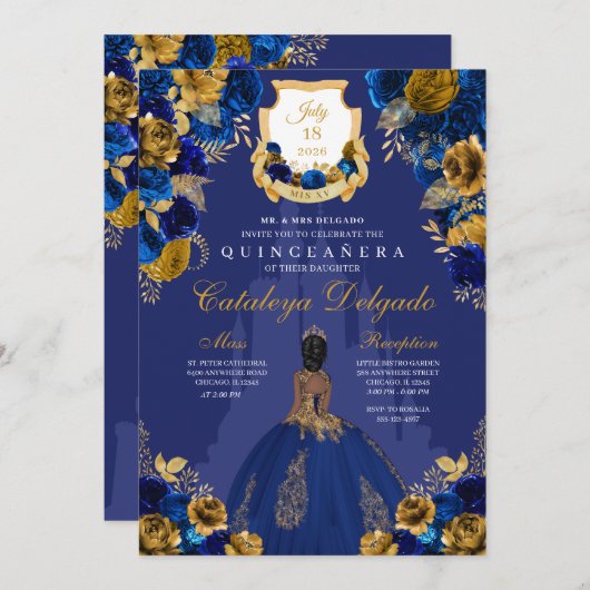 Invitation Royal Blue & Gold Princess Castle Quinceañera (Devant / Derrière)
