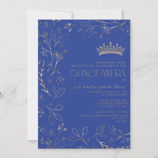 Invitation Royal Blue Gold QR Code Floral Quinceañera (Devant)