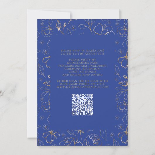 Invitation Royal Blue Gold QR Code Floral Quinceañera (Dos)