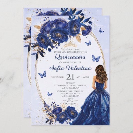 Invitation Royal Blue & Gold Quinceañera (Devant / Derrière)