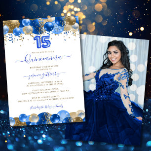 Invitation Royal Blue Gold Quinceañera Ballotte Photo