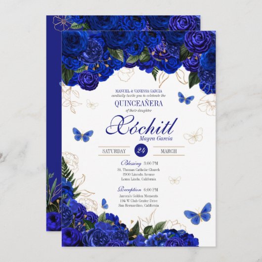 Invitation Royal Blue Gold Rose Butterfly Elegant Quinceanera (Devant / Derrière)