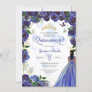 Invitation Royal Blue Gold Rose Élégant papillon Quinceanera