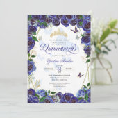 Invitation Royal Blue Gold Rose Élégant papillon Quinceanera (Debout devant)