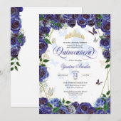 Invitation Royal Blue Gold Rose Élégant papillon Quinceanera (Devant / Derrière)