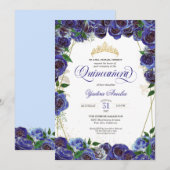 Invitation Royal Blue Gold Rose Elegant Quince Quinceanera (Devant / Derrière)