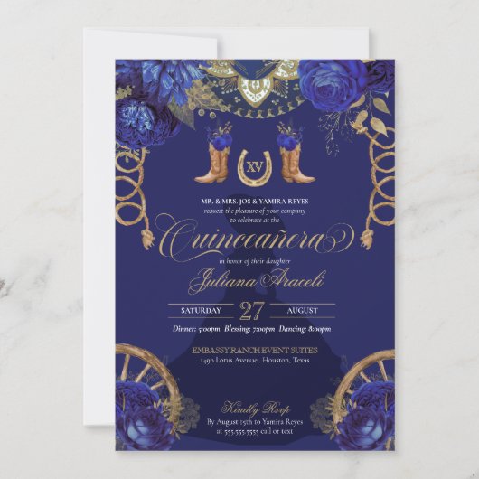 Invitation Royal Blue Gold Roses Charro Western Quinceanera (Devant)