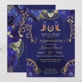 Invitation Royal Blue Gold Roses Charro Western Quinceanera (Devant / Derrière)