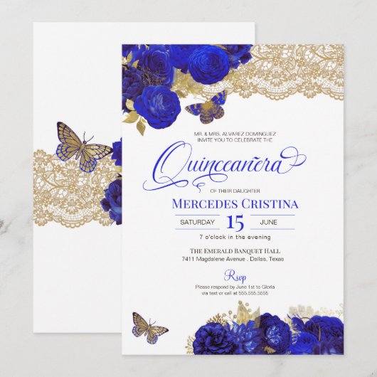 Invitation Royal Blue & Gold Roses dentelle papillon Quinceañ (Devant / Derrière)