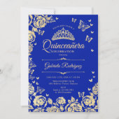 Invitation Royal Blue Gold Roses Quinceanera Photo (Devant)