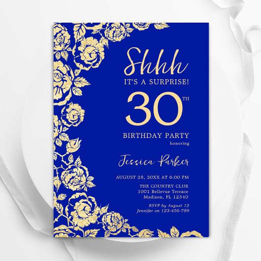 Invitation Royal Blue Gold Roses Surprise 30e anniversaire