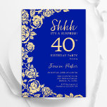 Invitation Royal Blue Gold Roses Surprise 40e anniversaire<br><div class="desc">Royal Blue Gold Floral Surprise 40e anniversaire de fête Invitation. Design élégant avec des roses,  fausse feuille d'or et police de script de typographie. Carte invitation tendance parfaite pour une célébration anniversaire élégante. Peut être customisé à n'importe quel âge. Invitations Zazzle imprimées ou téléchargement instantané modèle imprimable numérique.</div>