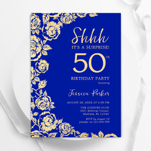 Invitation Royal Blue Gold Roses Surprise 50e anniversaire