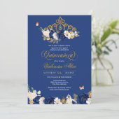 Invitation Royal Blue Gold Roses Tiara Butterfly Quinceañera (Debout devant)