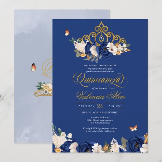 Invitation Royal Blue Gold Roses Tiara Butterfly Quinceañera (Devant / Derrière)