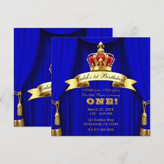 Invitation Royal Blue Gold Royal Crown 2 Prince 1er anniversa (Devant / Derrière)