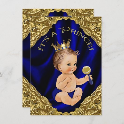Invitation Royal Blue Gold Satin Prince Baby shower (Devant / Derrière)