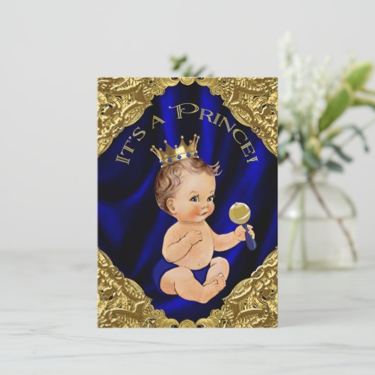 Invitation Royal Blue Gold Satin Prince Baby shower (Debout devant)