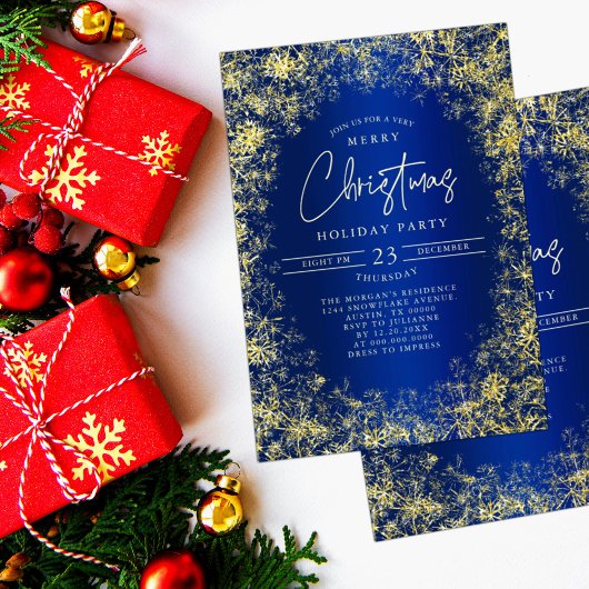 Invitation Royal Blue Gold Snowflakes Noël Fête de Noël