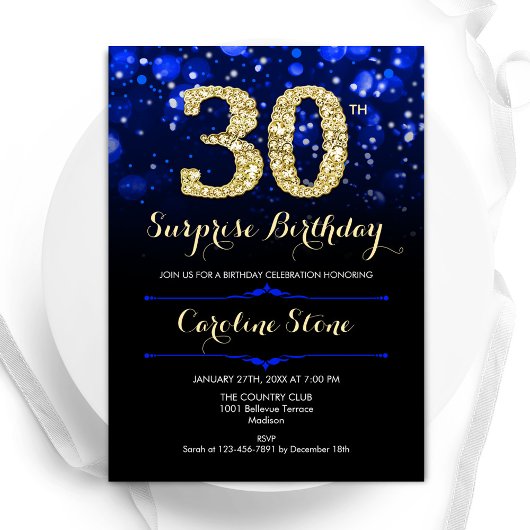 Invitation Royal Blue Gold Surprise 30e anniversaire