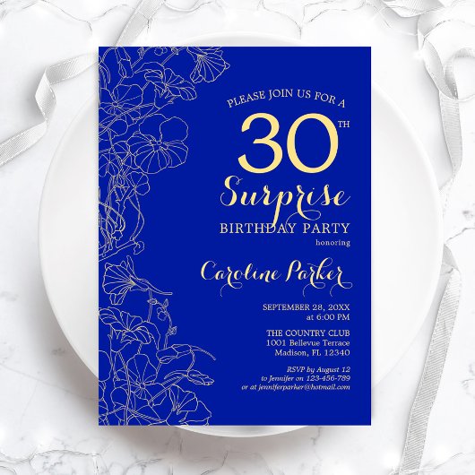 Invitation Royal Blue Gold Surprise 30e fête d'anniversaire