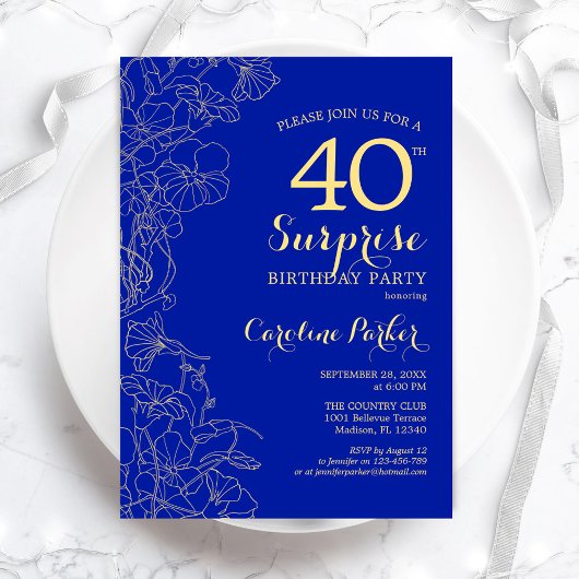 Invitation Royal Blue Gold Surprise 40e fête d'anniversaire